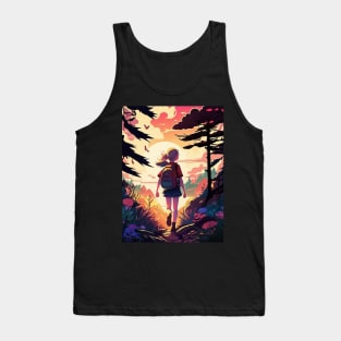 Girl trekking in the woods with a beautiful sunset effect Tank Top